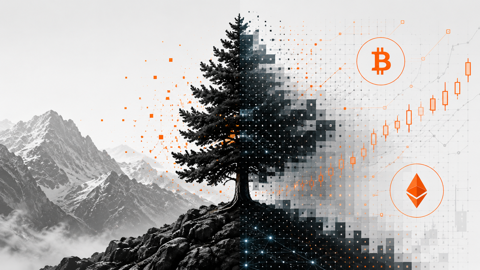 Baum auf Bergkette mit digitaler Transformation, Krypto- und Finanzsymbolen